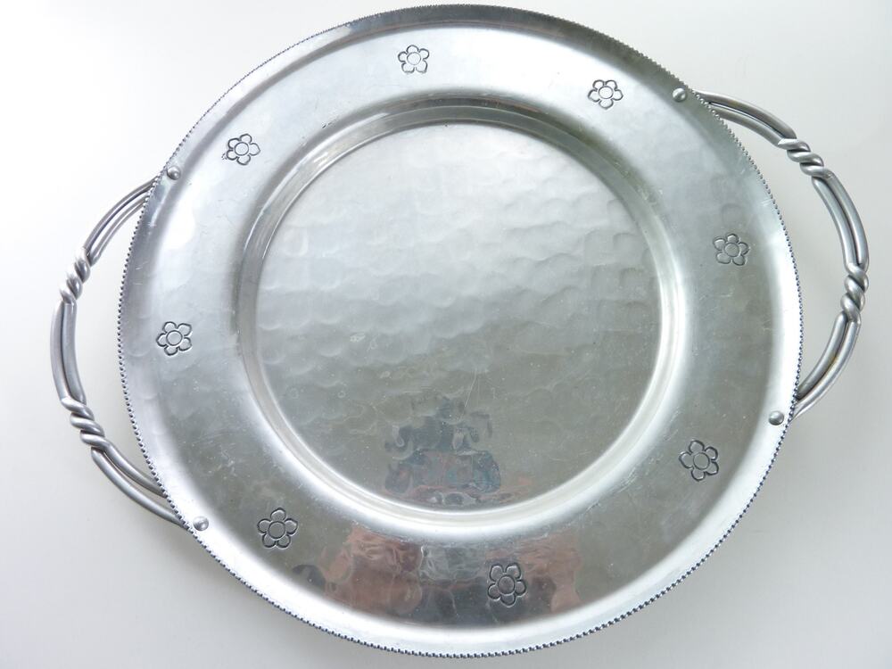 Vintage BW Buenilum Aluminum Serving Tray Floral Engraved Large Round Platter